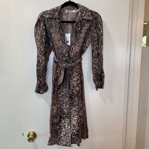 LUSANA Aida Mini Dress Sandstone Print 100% Linen, Belted Size S NWT